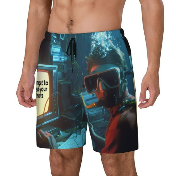 Gaeub Underwater Office Diver Print Mens Swim Trunks with Compression Liner,Board Shorts Quick Dry,Beach Swimwear with Pockets-X-Large