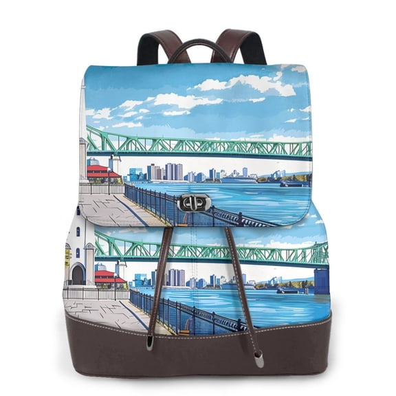 Gaeub Urban Riverside Clock Tower Print Women's Leather Backpack,Travel Laptop Backpack,Fashion Ladies Leather Backpack Bag for Travel,Leather Drawstring Daypack for Me