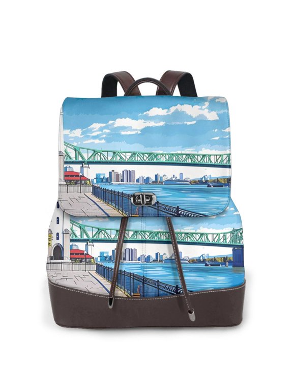 Urban Riverside Clock Tower Print Women's Leather Backpack,Travel Laptop Backpack,Fashion Ladies Leather Backpack Bag for Travel,Leather Drawstring Daypack for Me