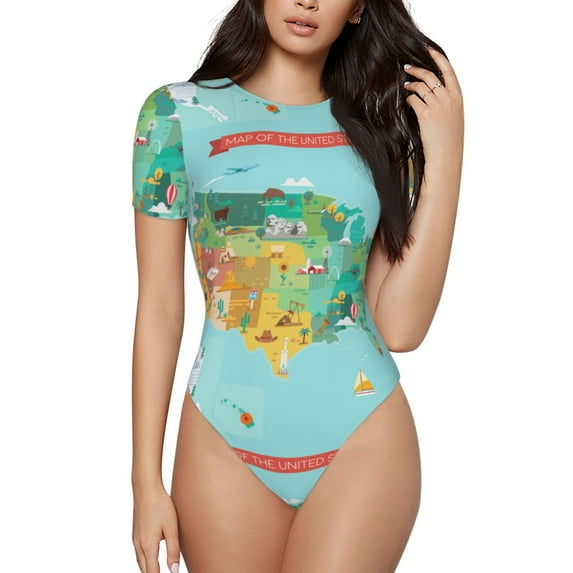Gaeub Usa Tourist Map Women'S Short Sleeve One Piece Swimsuit Sexy High-Waisted Bodysuit For Swimming, Beach, Sports - Small