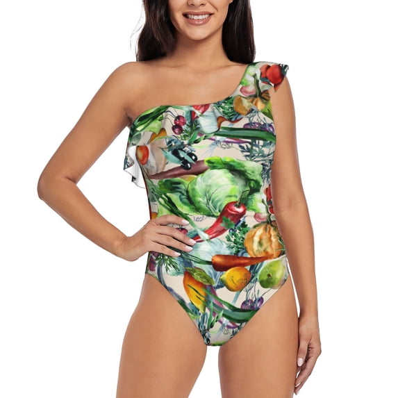 Gaeub Vegan1 Women's One Shoulder Ruffle Tummy Control Swimwear for Swimming Surfing Beach Party - Medium