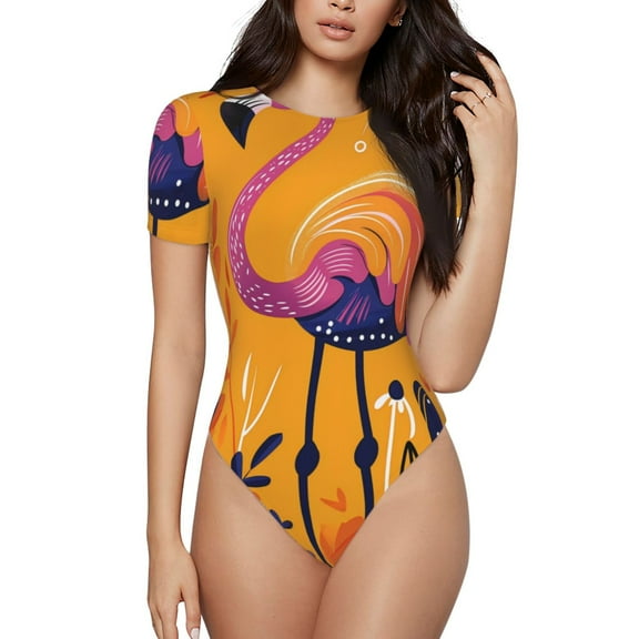 Gaeub Vibrant Flamingo Illustration Print Women's Short Sleeve One Piece Swimsuit Sexy High-Waisted Bodysuit Bathing Suit for Swimming, Beach, Sports-XX-Large
