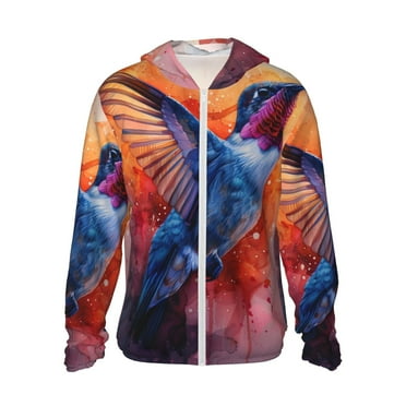 Gaeub Vibrant Hummingbird Watercolor Art Men's and Women's UPF 50+ Long-Sleeved Sun Protection Clothing, Fishing Shirt Long Sleeve Zip-Small