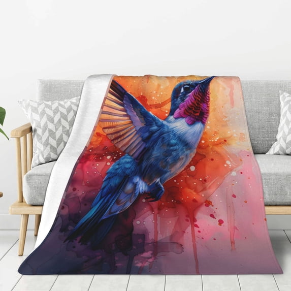 Gaeub Vibrant Hummingbird Watercolor Art Print Flannel Throw Blanket, Home Fleece Throw Blanket for Couch or Bed,Decorative Blankets,Lightweight Fuzzy Flannel Blanket-60"x50"