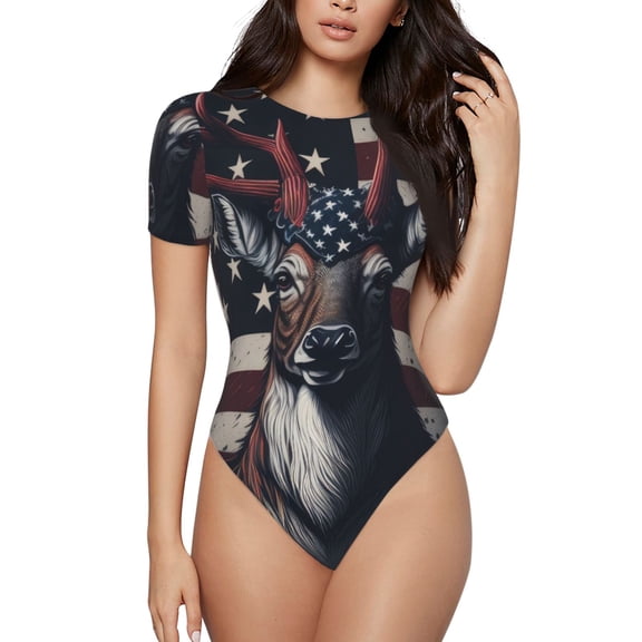 Gaeub Vintage American Deer Print Women's Short Sleeve One Piece Swimsuit Sexy High-Waisted Bodysuit Bathing Suit for Swimming, Beach, Sports-Small