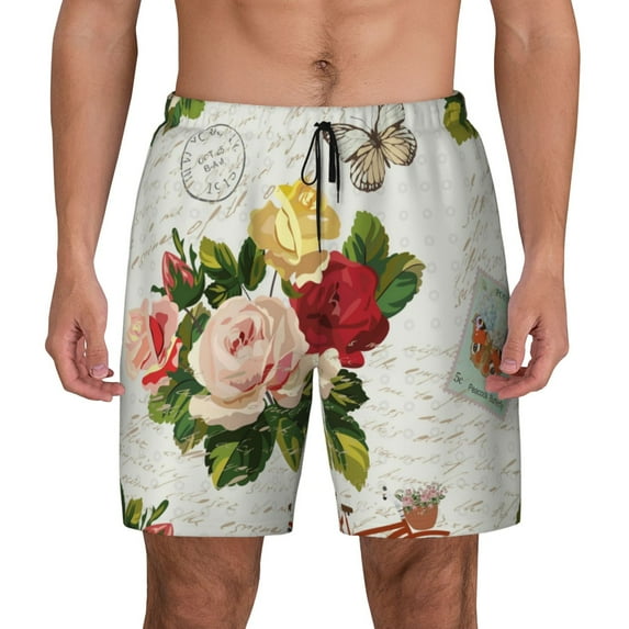 Gaeub Vintage Bike Flower Butterfly Mens Swim Trunks Stretch Beach Shorts Quick Dry for Men Swim Shorts Swimwear with Pockets- Small