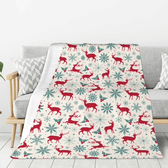 Gaeub Vintage Christmas Reindeer Print Flannel Throw Blanket, Home Fleece Throw Blanket for Couch or Bed,Decorative Blankets,Lightweight Fuzzy Flannel Blanket-60"x50"