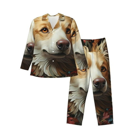 Gaeub Vintage Colorful Flower Puppy Mens Pajamas Set Mens Sleepwear with Long Sleeve Top & Bottoms PJs-Medium