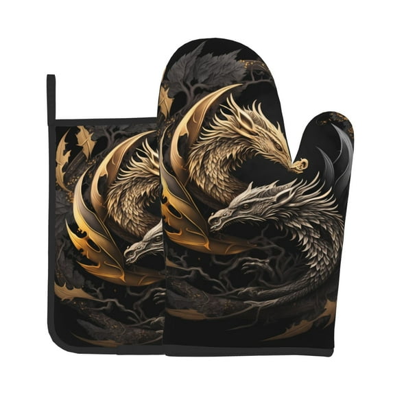 Gaeub Vintage Metal Dragon Print Oven Mitts and Pot Holders Sets of 2,Heat Resistant Pad,Cooking Gloves, for Baking BBQ Home Decor