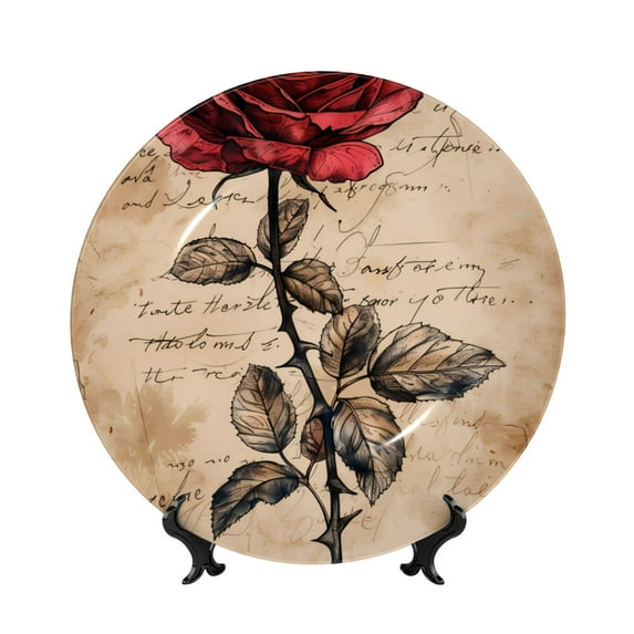 Gaeub Vintage Rose Botanical Art Print Ceramic Plate,Dinner Plates,Bone China Decorative Plates with Display Stand,Art Ceramic Ornaments for Wall Hanging Decoration-7in
