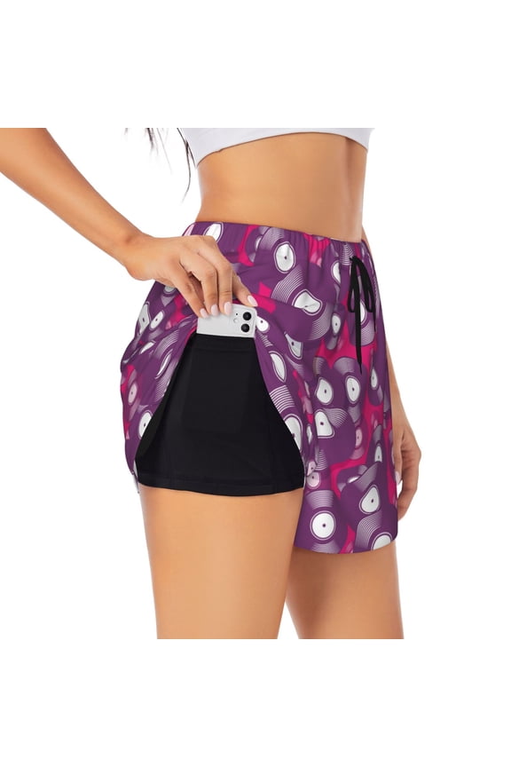 Vintage Vinyl Record Print Women's Athletic Shorts,High Waisted Running Shorts,Pocket Sporty Short,Gym Elastic Workout Shorts-X-Large
