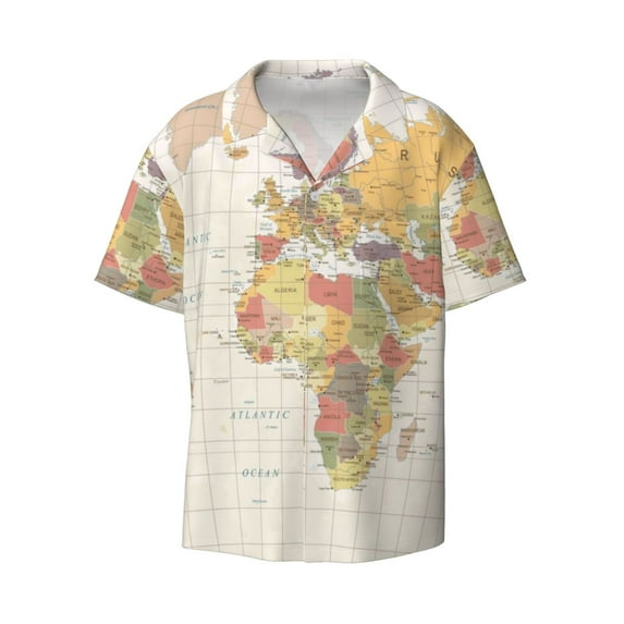 Gaeub Vintage World Map1 Men's Lapel Short Sleeve Shirt, Relaxed Fit Shirt, Soft and Breathable for Outdoors Party Travel - 3X-Large