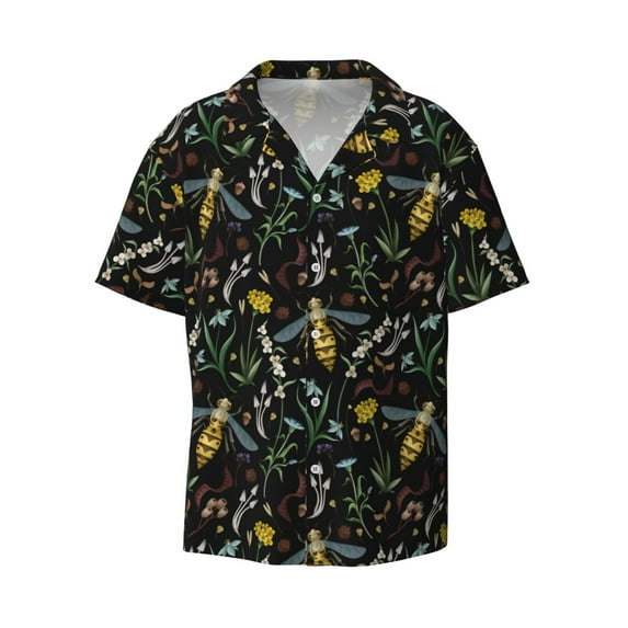 Gaeub Wasp and Florals Men's Lapel Short Sleeve Shirt, Relaxed Fit Shirt, Soft and Breathable for Outdoors Party Travel - Medium