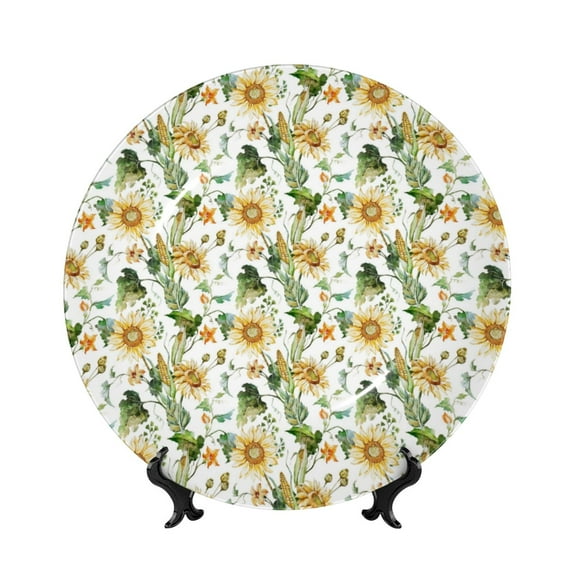 Gaeub Watercolor Bright Sunflowers Print Ceramic Plate,Dinner Plates,Bone China Decorative Plates with Display Stand,Art Ceramic Ornaments for Wall Hanging Decoration-10in
