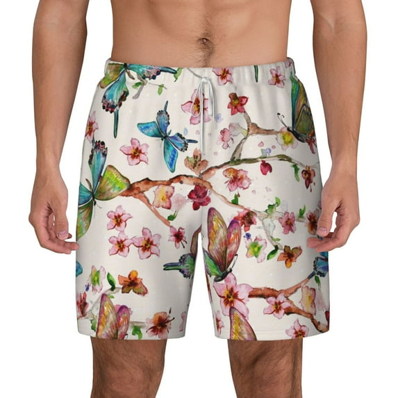 Gaeub Watercolor Floral With Butterflies Mens Swim Trunks Stretch Beach Shorts Quick Dry for Men Swim Shorts Swimwear with Pockets- Large