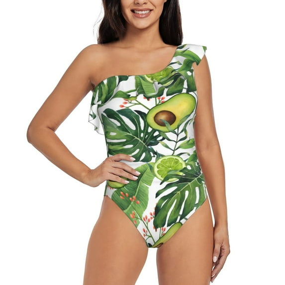 Gaeub Watercolor Green Tropical Women's One Shoulder Ruffle Tummy Control Swimwear for Swimming Surfing Beach Party - X-Large