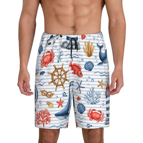 Gaeub Watercolor Nautical Printed Men's Short Pajama Pants, Lightweight Lounge & Sleep Bottoms Keep You Cool - X-Large