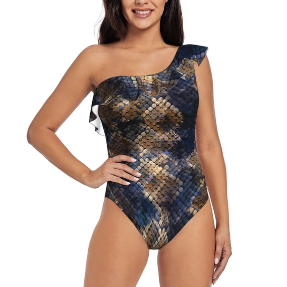 Gaeub Watercolor Snake Skin Women's One Shoulder Ruffle Tummy Control Swimwear for Swimming Surfing Beach Party - XX-Large