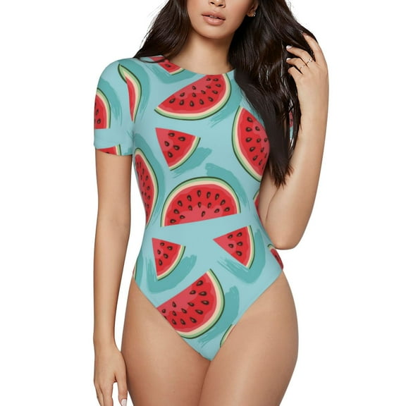 Gaeub Watermelon Print Women's Short Sleeve One Piece Swimsuit Sexy High-Waisted Bodysuit Bathing Suit for Swimming, Beach, Sports-Large