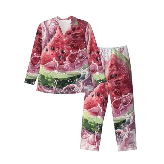 Gaeub Watermelon Splash Realism Art Print Mens Pajama Set, Long Sleeve Pajamas for men,Lightweight Button Up Sleepwear,Lounge Pjs Set with Pockets-Medium