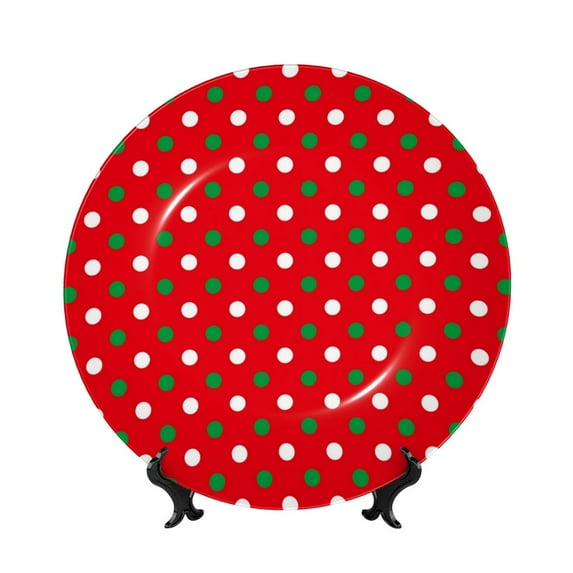 Gaeub White and Green Polka Dot Print Ceramic Plate,Dinner Plates,Bone China Decorative Plates with Display Stand,Art Ceramic Ornaments for Wall Hanging Decoration-8in
