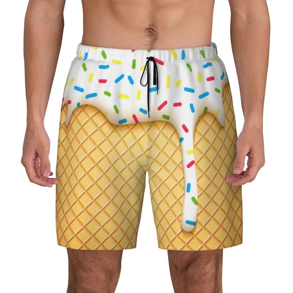 Gaeub White Ice Cream Mens Swim Trunks Stretch Beach Shorts Quick Dry for Men Swim Shorts Swimwear with Pockets- Large