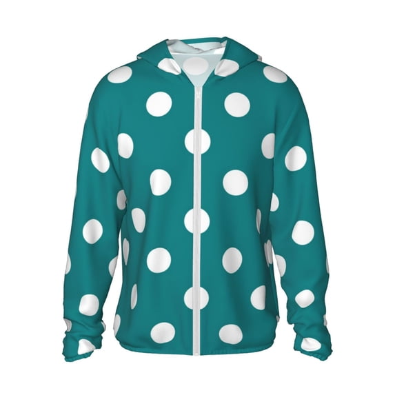 Gaeub White Polka Dots With Teal Background Men's and Women's UPF 50+ Long-Sleeved Sun Protection Clothing, Fishing Shirt Long Sleeve Zip-X-Large