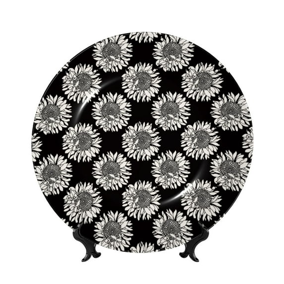 Gaeub White Sunflowers Print Ceramic Plate,Dinner Plates,Bone China Decorative Plates with Display Stand,Art Ceramic Ornaments for Wall Hanging Decoration-7in