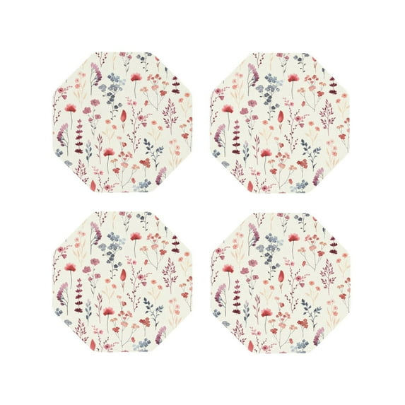 Gaeub Wildflower Watercolor 3 Print 4 Pcs Leather Coasters for Drinks ,Drink Coasters Sets,Drink Table Cup Coasters for Living Room Kitchen Coffee Decor-Octagon