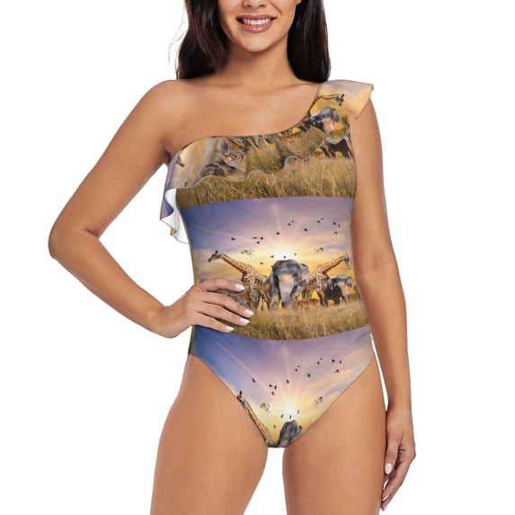 Gaeub Wildlife Protection Women's One Shoulder Ruffle Tummy Control Swimwear for Swimming Surfing Beach Party - Large