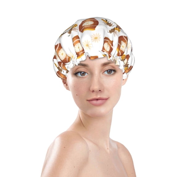 Gaeub Wooden Barrels With Honey Shower Caps for Women Men,Double Waterproof Layers Bathing Hat,Elastic and Reusable Bath Caps