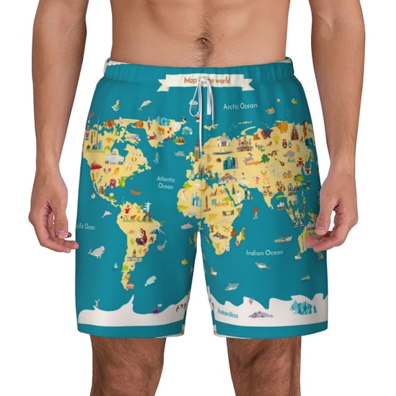 Gaeub World Map With Landmarks Mens Swim Trunks Stretch Beach Shorts Quick Dry for Men Swim Shorts Swimwear with Pockets- XX-Large