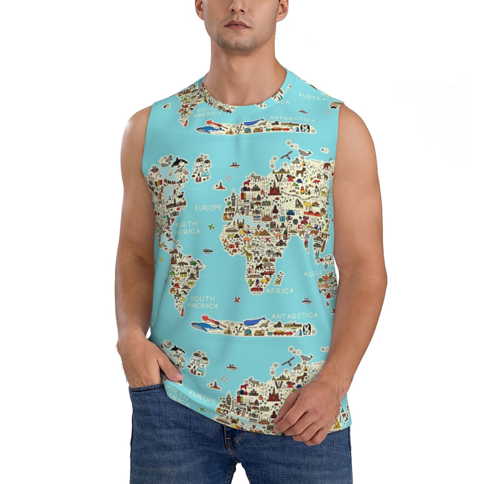 Gaeub World Travel Line Icons Map Men's Sleeveless Muscle Shirts ...
