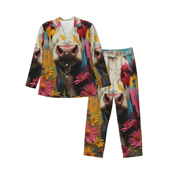 Gaeub Yellow Daisy Cow Print Mens Pajama Set, Long Sleeve Pajamas for men,Lightweight Button Up Sleepwear,Lounge Pjs Set with Pockets-Small