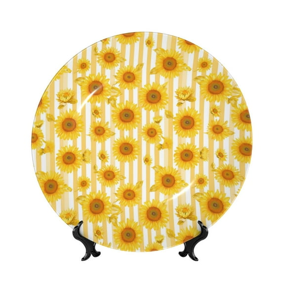 Gaeub Yellow White Striped Sunflower Print Ceramic Plate,Dinner Plates,Bone China Decorative Plates with Display Stand,Art Ceramic Ornaments for Wall Hanging Decoration-8in