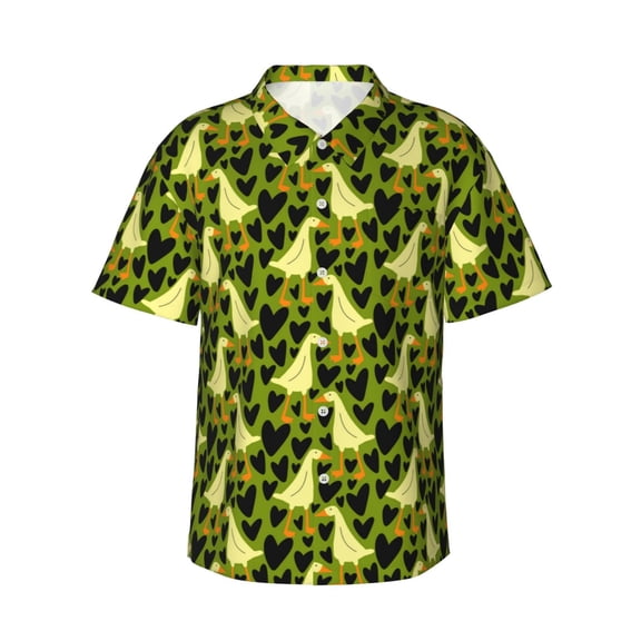 Gaeub goose and hearts Print Men's Hawaiian Shirt,Button Down Short Sleeves Shirts,Tropical Beach Casual Button Down Shirts,XX-Large