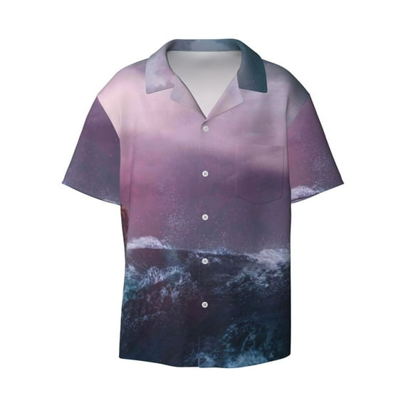Gaeub lighthouse Waves Torrential Rain Men's Lapel Short Sleeve Shirt, Relaxed Fit Shirt, Soft and Breathable for Outdoors Party Travel - Medium