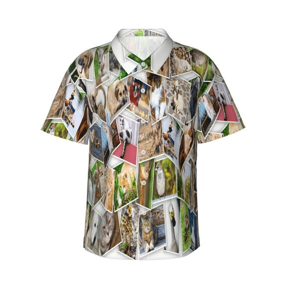 Gaeub pets and birds Collage Print Men's Hawaiian Shirt,Button Down Short Sleeves Shirts,Tropical Beach Casual Button Down Shirts,XX-Large