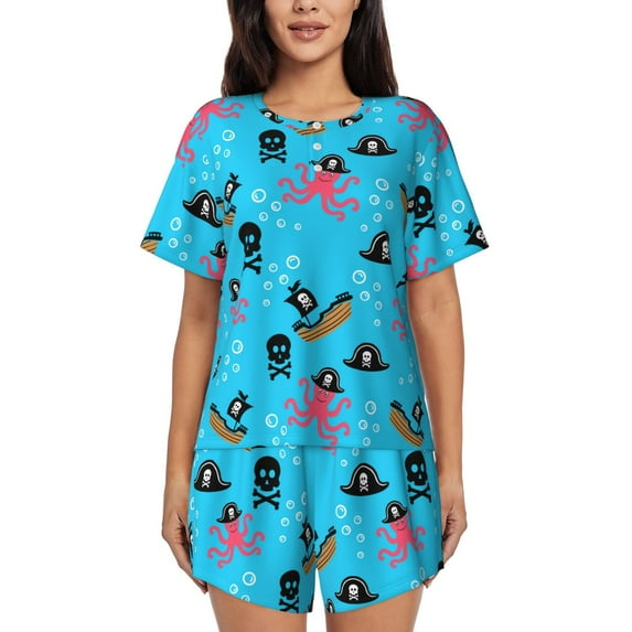 Gaeub pirate Octopus Print Women's Short Sleeve Pajama Set Soft Sleepwear Pjs Short Sleeve Button Down Nightwear with Long Pants-Large