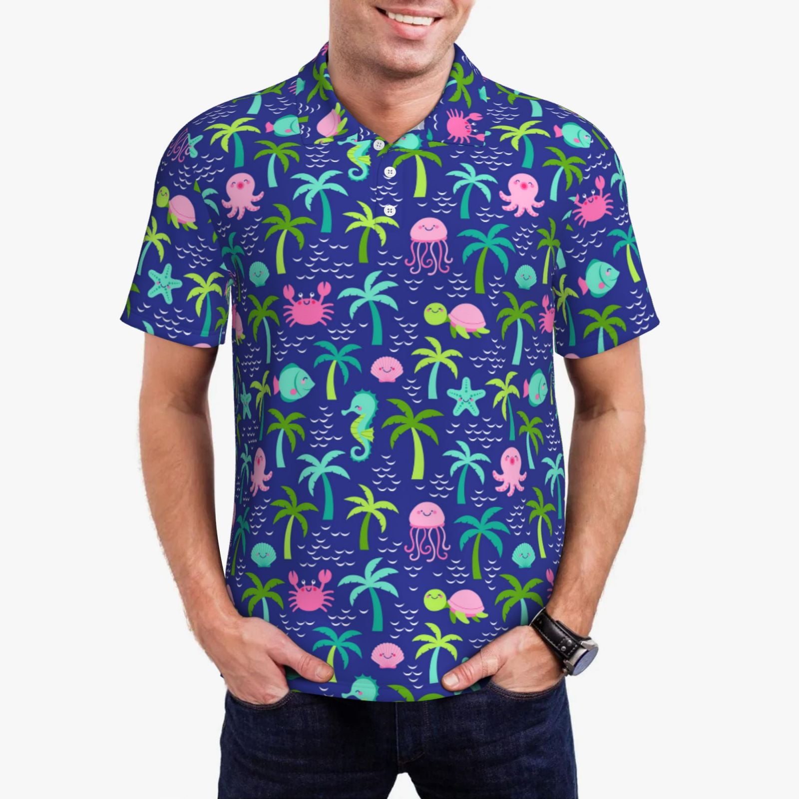 Men's Short-Sleeve Printed Golf Shirt - Casual Summer Style, 100% Polyester