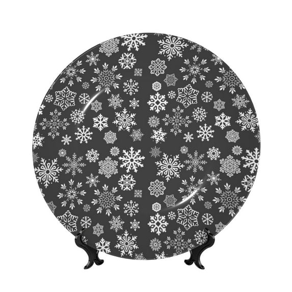 Gaeub simple white Snowflake Print Ceramic Plate,Dinner Plates,Bone China Decorative Plates with Display Stand,Art Ceramic Ornaments for Wall Hanging Decoration-8in