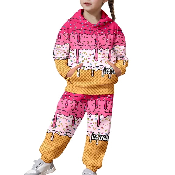 Gaexia 5T Fall Outfits for Girls ,Girls Fashion Casual Print Hooded Long Sleeve Top And Pants For Big Kids Youth Two Piece Outfit With Soft Comfort Fit