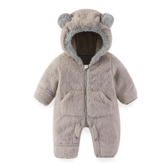 Gaexia Baby Bear Hooded Romper Jumpsuit Outfit With Fold Over Mittens And Footies For Winter Warm Comfort,Grey,3-6 Months
