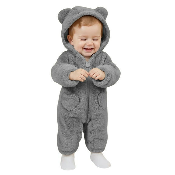 Gaexia Baby Boys Sleepsuit Winter Warm Hooded Bear Design Soft Cozy Pajama Set For 0 to 12 Months,Grey,6-9 Months