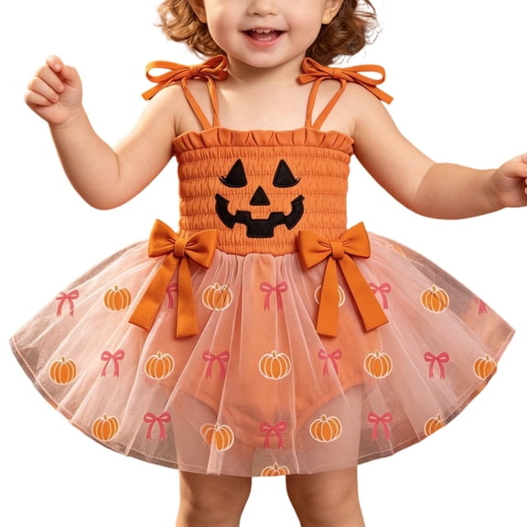 Gaexia Baby Girl Fall Pumpkin Patch Dress Romper, Long Sleeve Embroidery Ruffle Bodysuit for First Birthday Party Outfit