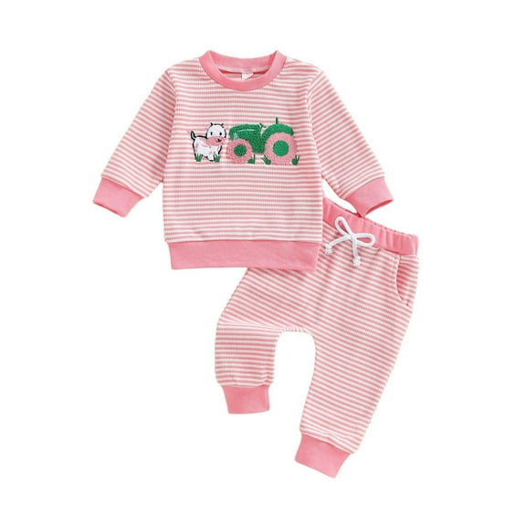Gaexia Baby Girl Knit Outfit Set Farm Animal Embroidery Long Sleeve Top with Striped Pants Soft Two Piece Toddler Clothes for Fall Fall Season,Pink,3-6 Months