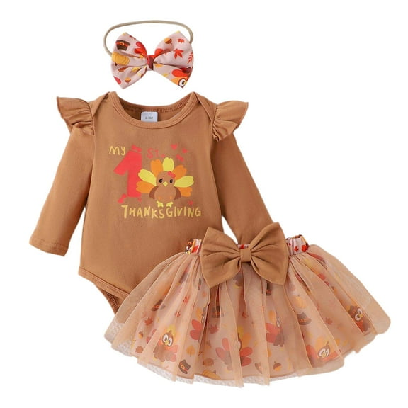 Gaexia Baby Girl Sets 6-9 Months Baby Girl Thanksgiving Outfit Bodysuit Tutu Skirt Headband Clothes Set Christmas Clothes,Z16-Brown,0-3 Months