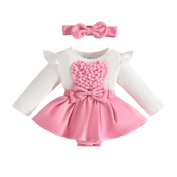 Gaexia Baby Girls Long Sleeve Bodysuit Outfit Set With Bow Headband Ribbed Knit Heart Design Romper Jumpsuit Soft Casual Fall Winter Clothing For Toddler