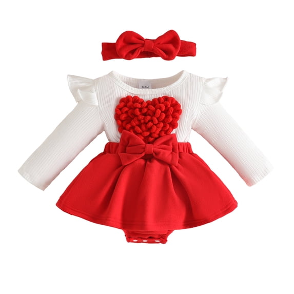 Gaexia Baby Girls Long Sleeve Bodysuit Outfit Set With Bow Headband Ribbed Knit Heart Design Romper Jumpsuit Soft Casual Fall Winter Clothing For Toddler