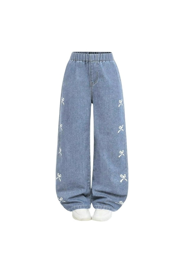 Back To School Clothes For Teen Girls Girls Pants Cute Printed Bow Decorated Wide Leg Pants For Teen Girls Comfortable Stretchy Casual Trousers For Daily Wear Age 7 12 Years